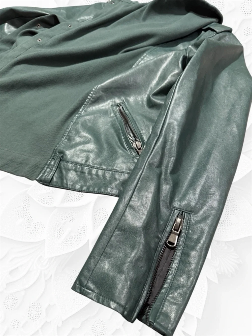 Jolt Forest Green Draped Faux Leather Jacket - Picture 5 of 10